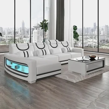 Mejora tu sala de estar con MINGDIBAO sofá italiano de cuero genuino, combinación de 2 colores, luz LED y cojines suaves
