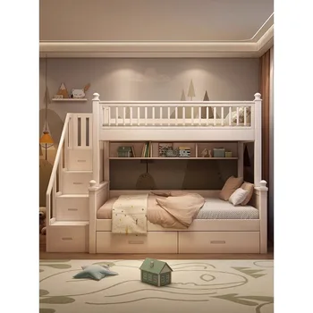 Детская кровать из цельного дерева, двухслойная кровать, два слоя кровати матери и ребенка, высокая и низкая кровать, верхняя и нижняя койки, т