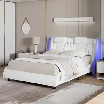 Каркас двуспальной кровати с регулируемой светодиодной подсветкой, мягкое изголовье из роскошной искусственной кожи