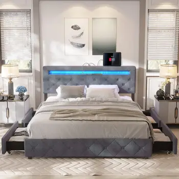 Каркас кровати со светодиодной подсветкой Queen-SIZE, мягкая кровать-платформа с 4 ящиками для хранения, Регулируемое изголовье для мебели для спальни в помещении