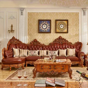 Кожаный диван в европейском стиле, верхний слой из воловьей кожи, роскошный уголок в гостиной, Г-образная роскошь с резьбой из массива дерева в американском стиле.
