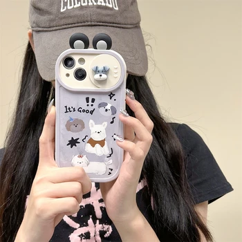 Корейский Милый мультяшный 3D чехол для телефона Puppy Ears Push Window для iPhone 15 14 13 12 Pro Max 11 Прекрасная противоударная мягкая задняя крышка