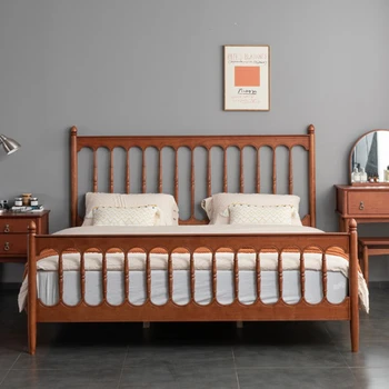 Кровать из массива дерева в скандинавском стиле в стиле ретро, небольшая римская колонна из вишневого дерева, двуспальная кровать 1,5 метра и 1,8 метра, спальня из тикового дерева, теплый песок