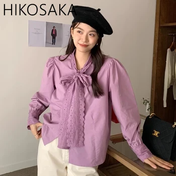 Милая блузка с бантом на шнуровке, рубашки, повседневная универсальная однотонная свободная блузка с длинным рукавом, женские весенние элегантные блузки в корейском стиле 2024 года.