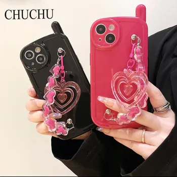 Милый Наручный Телефон Love Heart Chian Силиконовый Мягкий Чехол для iphone 14 Pro Max 13 12 11 X S XR XS Брелок 3D Чехол Для Мобильного Телефона