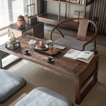 Напольный чайный столик в китайском стиле из массива черного ореха, рисовые татами в стиле дзен на балконе, чайный столик в чайной комнате