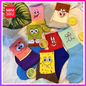 Осенние и зимние носки Miniso Spongebob Squarepants, Мужские и женские чулки, Хлопковые носки с аниме и мультфильмами, подарок-сюрприз на День рождения
