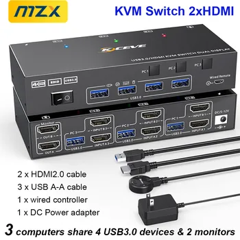 Переключатель MZX KVM, 2 экрана, док-станция HDMI 2.0, USB-концентратор, Разветвитель, 3 компьютера, Ноутбук, Настольные ПК, Аксессуары, Переключатель