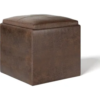 Современная квадратная пуфик-куб шириной 18 дюймов с подносом из потертой коричневой веганской искусственной кожи, пуфик для хранения