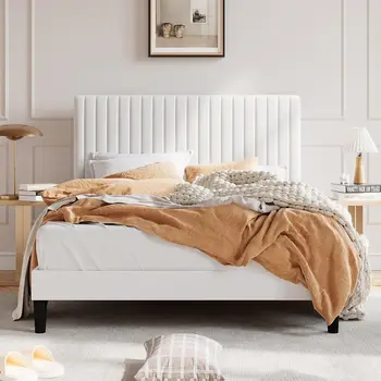 Современная кровать-платформа с мягкой обивкой кремового цвета полного размера / Queen-size/ King size с регулируемым изголовьем, двуспальная кровать для взрослых и подростков