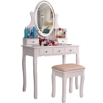 Современная спальня с 5 выдвижными ящиками, туалетным столиком и табуреткой, боковым зеркалом, комодом, зеркалом для девочки со светодиодной подсветкой