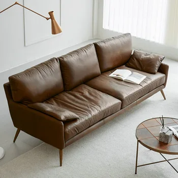 1-81 Легкий роскошный и простой ретро-диван из кожи с маслом и воском для гостиной, трехместный диван с прямым рядом для маленькой квартиры