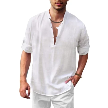 2022 Новая мужская модная блузка, хлопковая льняная рубашка, Свободные топы, Шорты, футболка с коротким рукавом, Весенне-летний повседневный пуловер, мужские рубашки
