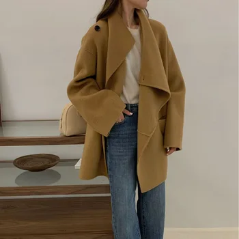 2023 женское двустороннее кашемировое шерстяное пальто, женские куртки ручной работы с двусторонним дизайном, асимметричный воротник, боковые пряжки