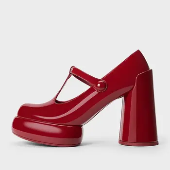 2024 Лакированная кожа, массивный каблук, Т-образный ремешок, красные весенне-осенние туфли-лодочки Mary Janes, большой размер 50