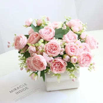 30 см Роза Розовый шелковый Пион Букет искусственных цветов 5 больших головок и 4 бутона Дешевый искусственный цветок для домашнего свадебного украшения в помещении