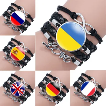 41 Тип Широких браслетов с национальным флагом Украина Россия Франция Германия Испания Кожаный браслет для мужчин Женские украшения