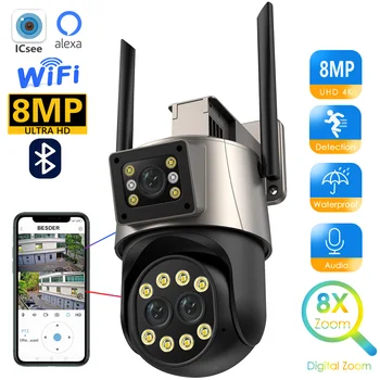 8-Мегапиксельная IP-камера 4K WiFi для улицы с тремя объективами и двумя экранами видеонаблюдения, Видеомониторинга, автоматического отслеживания, Водонепроницаемая камера