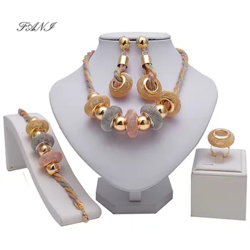 Fani Итальянский настоящий позолоченный ювелирный набор для женщин Дубай 18-Каратные позолоченные свадебные наборы ожерелье серьги браслет кольцо Оптом