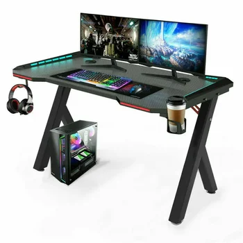 L Игровой стол PC Компьютерный стол для геймеров Эргономичная рабочая станция со светодиодной подсветкой RGB, крючок для наушников, подстаканник для домашних офисов