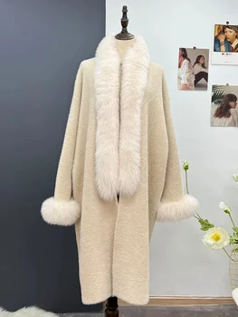 OFTBUY 2023 X-длинное зимнее шерстяное пальто с шарфом из натурального меха Лисы, женская Роскошная свободная куртка с манжетами из натурального меха, верхняя одежда, Уличная одежда