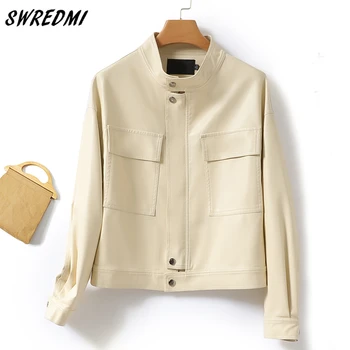 SWREDMI Маленькие Короткие Кожаные Куртки Женские Бежевые Модные Пальто Весенне-Осенняя Высококачественная Замшевая Одежда