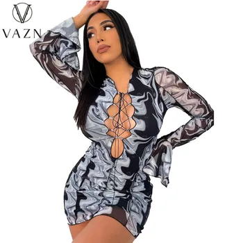 VAZN 2021, Новое винтажное сексуальное клубное платье Little Chap, новинка, топ с перекрестной повязкой, V-образный вырез, длинный рукав, Женское тонкое мини-платье с высокой талией