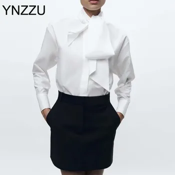 YNZZU 2024 Новые Весенние Белые Женские блузки с бантом, рубашка с длинным рукавом, Элегантный Офисный Женский топ, Женские рубашки YT009