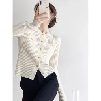 Белый вязаный кардиган French Elegance с круглым вырезом и золотыми пуговицами, Короткий свитер, женское демисезонное пальто в стиле Design Sense