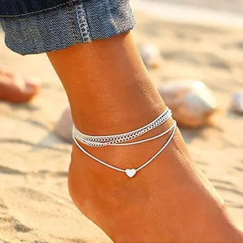 Браслет на ногу из чешского серебра, модные женские ножные браслеты с сердечками, босоножки для женщин, цепочка для ног, пляжное украшение для ног
