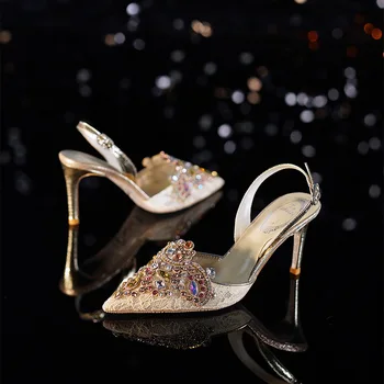 Вышивка сетка свадебная обувь горный хрусталь бисером свадебные туфли для женщин на высоком каблуке Кристалл мюли с острым носом пряжка насосы