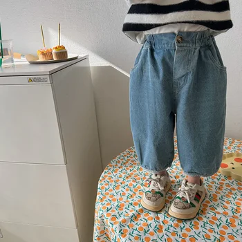 Детские джинсовые брюки 2024 Повседневные Свободные Бриджи с широкими Штанинами Для мальчиков, брюки для девочек от 1 до 9 лет