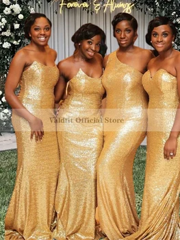 Длинные платья подружек невесты русалочки с золотыми блестками, лиф из бисера в виде сердечка, элегантное женское платье для свадебной вечеринки
