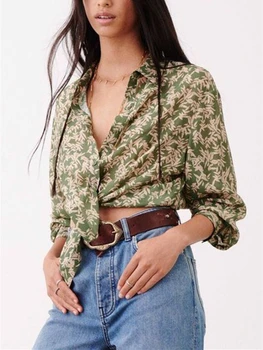 Женская сорочка с отложным воротником, блузка с длинным рукавом и принтом листьев бамбука, свободные женские рубашки 2023, весна-лето