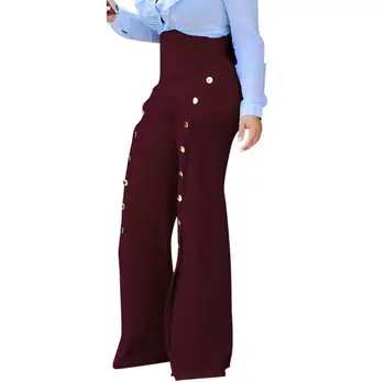 Женские повседневные брюки-клеш с разрезом на пуговицах, женские модные элегантные трикотажные брюки с высокой талией для поездок на работу