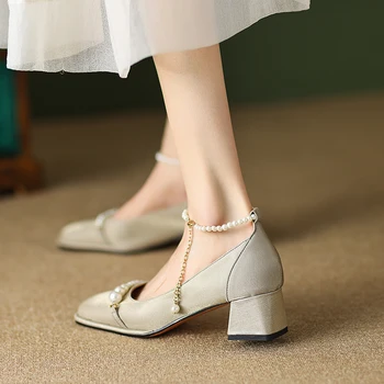 Женские туфли Meotina, на натуральном среднем каблуке, квадратные туфли, с жемчужной пряжкой, размер 40.