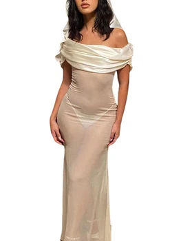 Женское элегантное кружевное платье Макси из прозрачной сетки с разрезом без спинки, Летнее пляжное платье-маскировка, клубная одежда Миди