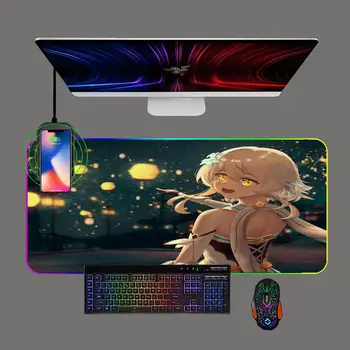 Игровые аксессуары RGB Genshin Impact Большой коврик для мыши со светодиодной подсветкой, беспроводная зарядка телефона, клавиатура XXL, Компьютерный офисный коврик для мыши, коврик для стола