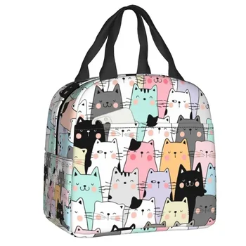 Изготовленная на заказ Красочная сумка для ланча с кошками и котенком, женский теплый охладитель, изолированный контейнер для ланча для студентов, школьной работы, сумки для пикника с едой