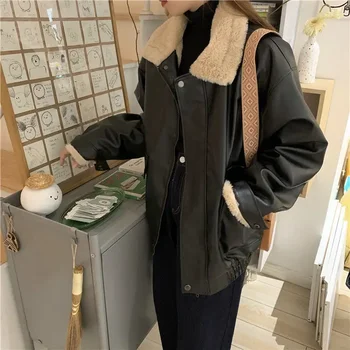 Корейские обзоры Много одежды Зимняя куртка с длинными рукавами, свободная Теплая овечья шерсть, винтажное утолщенное женское пальто с лацканами 