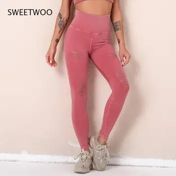 Леггинсы для фитнеса, облегающие бедра, персикового цвета, женские джинсовые леггинсы с дырками, эластичные штаны для йоги с высокой талией