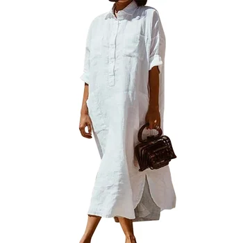 Легкое модное демисезонное женское платье-рубашка на пуговицах с длинным рукавом, удобный повседневный пуловер с лацканами, боковые карманы