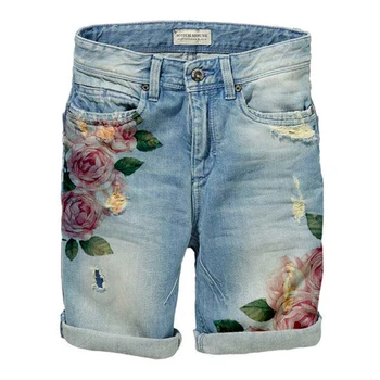 Летние джинсовые шорты 2023 года, новые рваные джинсовые шорты с высокой талией и цветочным принтом, повседневные модные уличные женские брюки Five Denim Pants