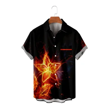 Модная свободная рубашка с коротким рукавом и карманом, новый топ с 3D цифровым принтом Flame Flower, крутая и красивая мужская одежда