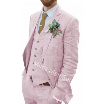 Мужской костюм Regular Fit из 3 предметов, элегантное розовое льняное свадебное платье жениха, шафера, куртка, жилет, брюки, летние пляжные комплекты мужской одежды