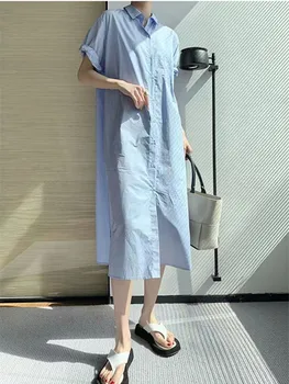 Новое летнее платье 2023 года, Женское Свободное, непринужденное, однобортное платье-рубашка с воротником-поло
