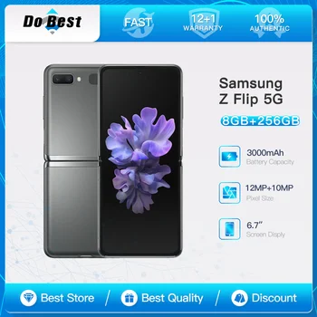 Оригинальный 90% Новый мобильный телефон Samsung Galaxy Z Flip F707N 5G с 6,7-дюймовым складным экраном, 8 ГБ ОЗУ, 256 ГБ ПЗУ, мобильный телефон NFC Snapdragon 865
