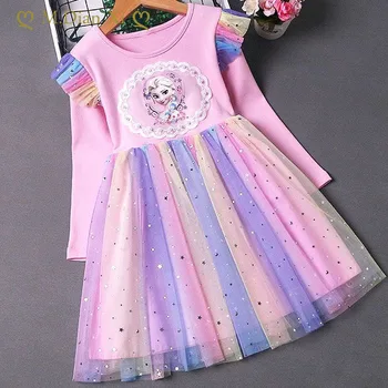 Осенняя мода 2022 года, платье принцессы Эльзы с замороженными цветами, Детская сетчатая одежда с длинным рукавом, Одежда для девочек, Радужное платье Айши из мультфильма