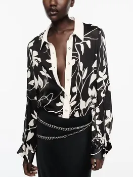 Осенняя полупрозрачная блузка-рубашка с принтом TRAF для леди, винтажные однобортные повседневные топы с лацканами, свободные рубашки с длинным рукавом