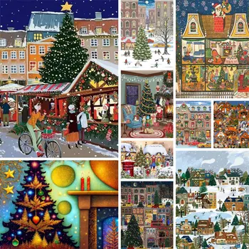 Пейзаж Рождественский дом, Раскрашенный по номерам, Набор масляных красок 40*50, Картина на холсте, Настенная картина в стиле лофт для детей для рисования